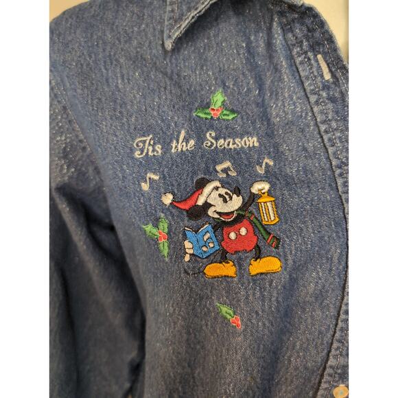 Walt Disney vtg 90s Mickey Minnie Christmas Holiday denim shirt XL - Picture 2 of 12
